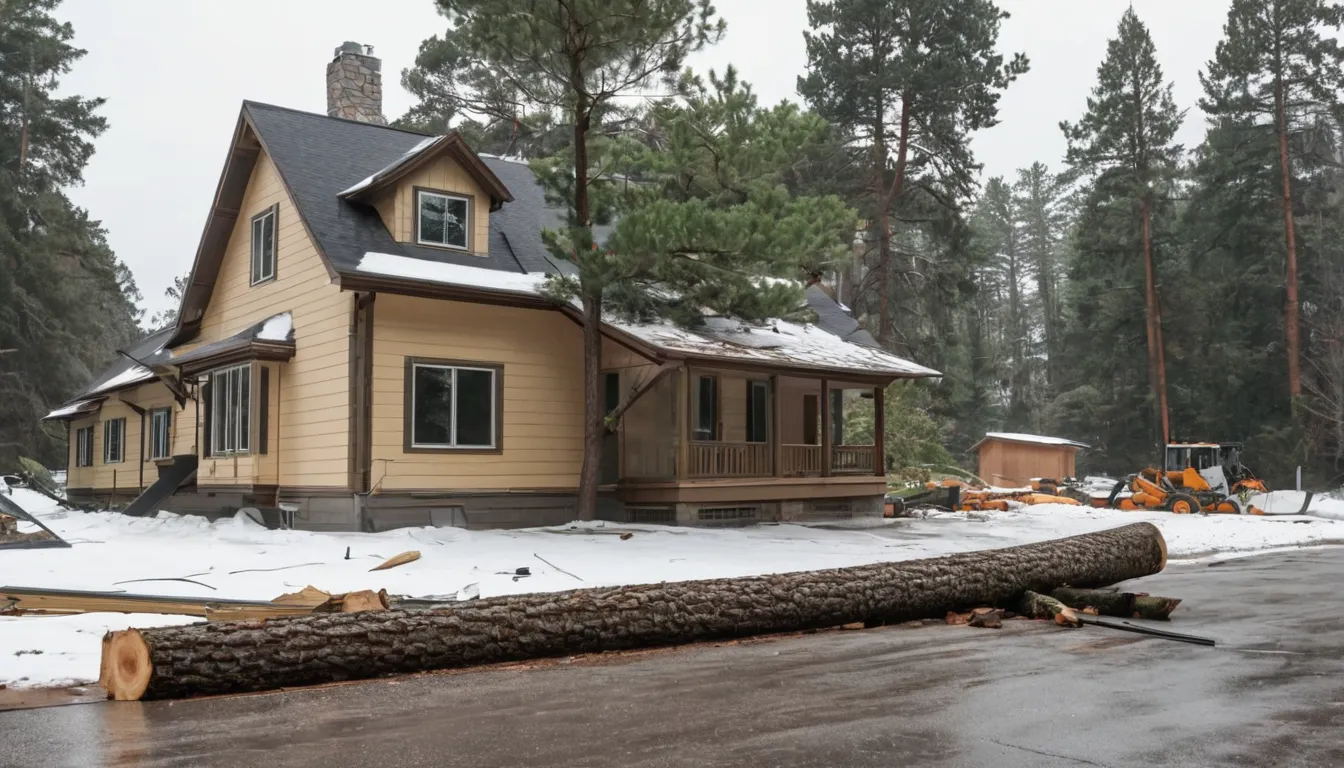 Fallen tree resting against the side of a home after a storm in Ogden, with a tree provider assessing the damage